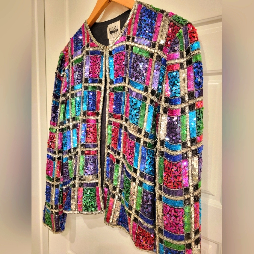 VINTAGE 80'S LESLIE FAY RAINBOW SEQUIN EVENING JACKET SIZE LARGE PETITE - Picture 5 of 16